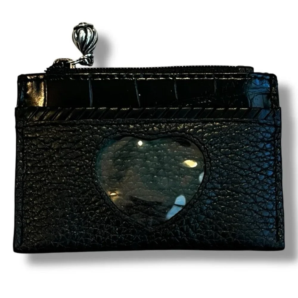 Vintage BRIGHTON Coin Purse Heart Plastic ID Window Black Pebbled Leather 4x3